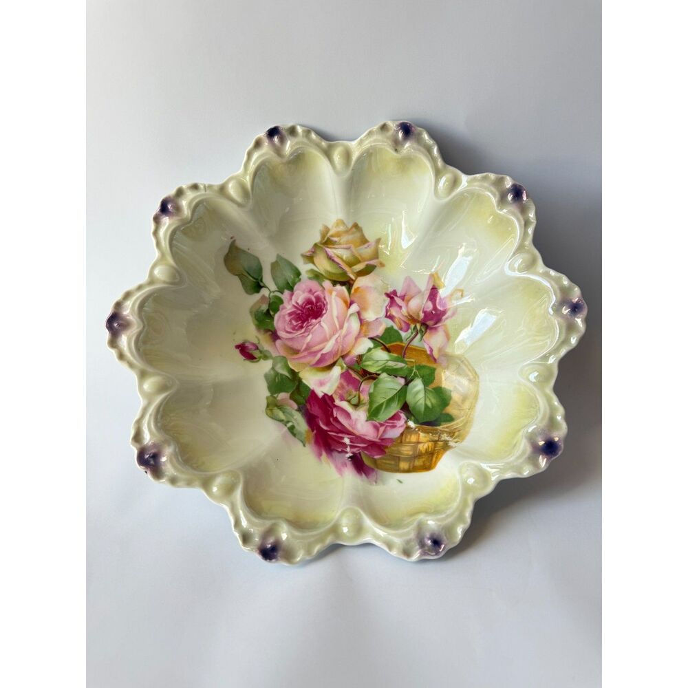 Antique 1900s JPV Germany Rose Bowl – Bavarian Porcelain Scalloped Dish‎